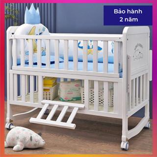 Cũi Gỗ Cho Bé Màu Trắng Honalife Ghép Với Giường Bố Mẹ, Nôi Cũi Gỗ 2 Tầng Gỗ Thông KT 105x60x85 ( BH 2 Năm )