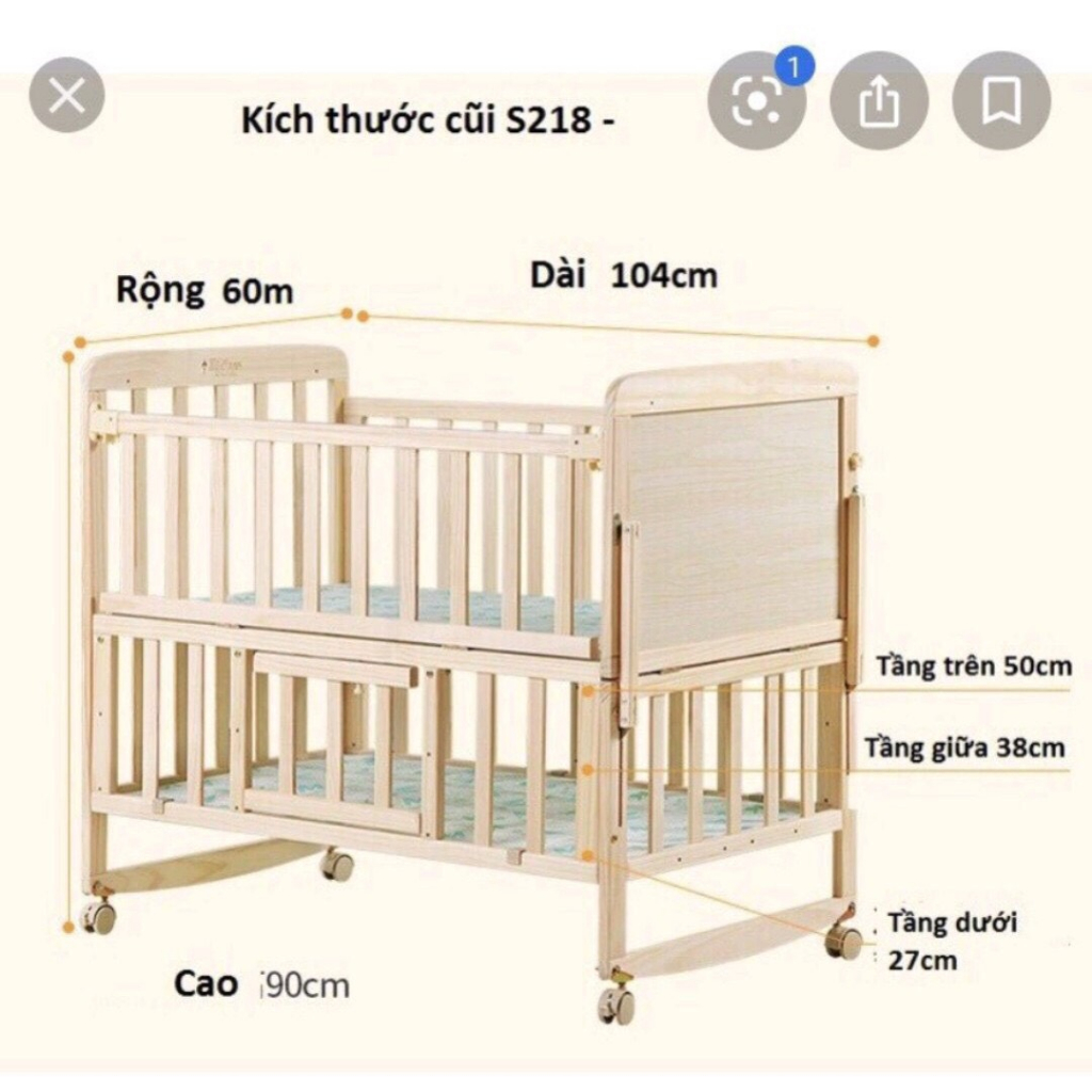 Cũi Trắng Em Bé Tặng Kèm Màn, Nôi Cũi Gỗ 2 Tầng Gỗ Thông KT 105x60x85