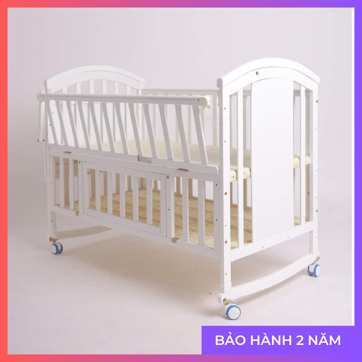 Cũi Trắng Em Bé Tặng Kèm Màn, Nôi Cũi Gỗ 2 Tầng Gỗ Thông KT 105x60x85