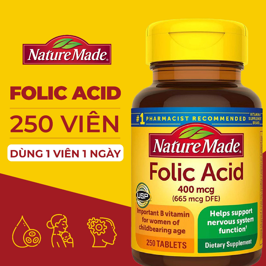 Viên uống bổ sung Axit Folic cho bà bầu Nature Made Folic Acid 400mcg 250 viên của Mỹ