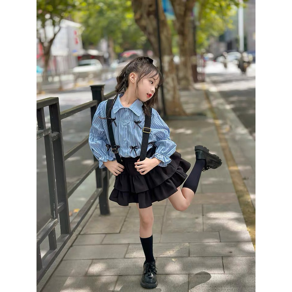 Set áo sơ mi kẻ đính nơ phối chân váy 3 tầng xòe dễ thương cho bé gái Danchau 743