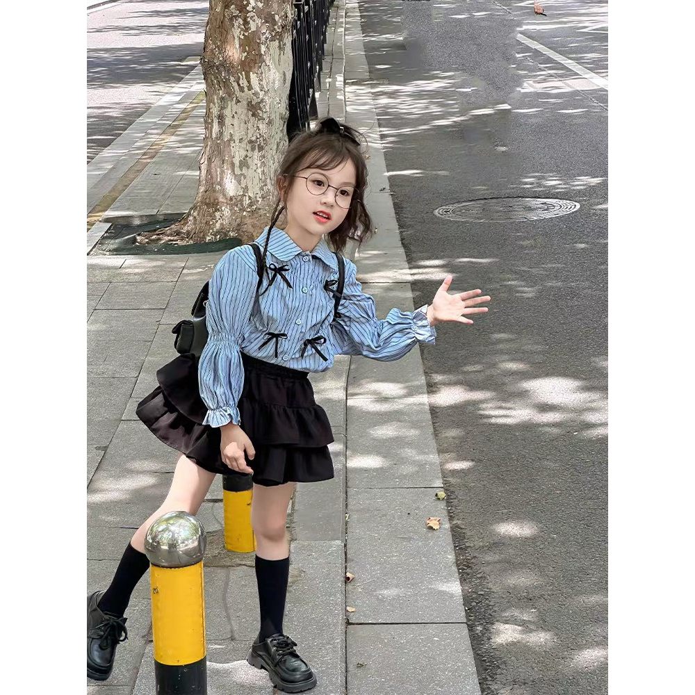 Set áo sơ mi kẻ đính nơ phối chân váy 3 tầng xòe dễ thương cho bé gái Danchau 743