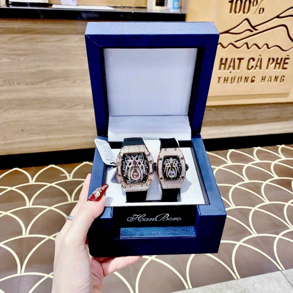 ĐỒNG HỒ CẶP HANBORO G full đá Nhện- Nam 38mm/Nữ 31mm- Thép không gỉ- chống nước- bảo hành 24 tháng