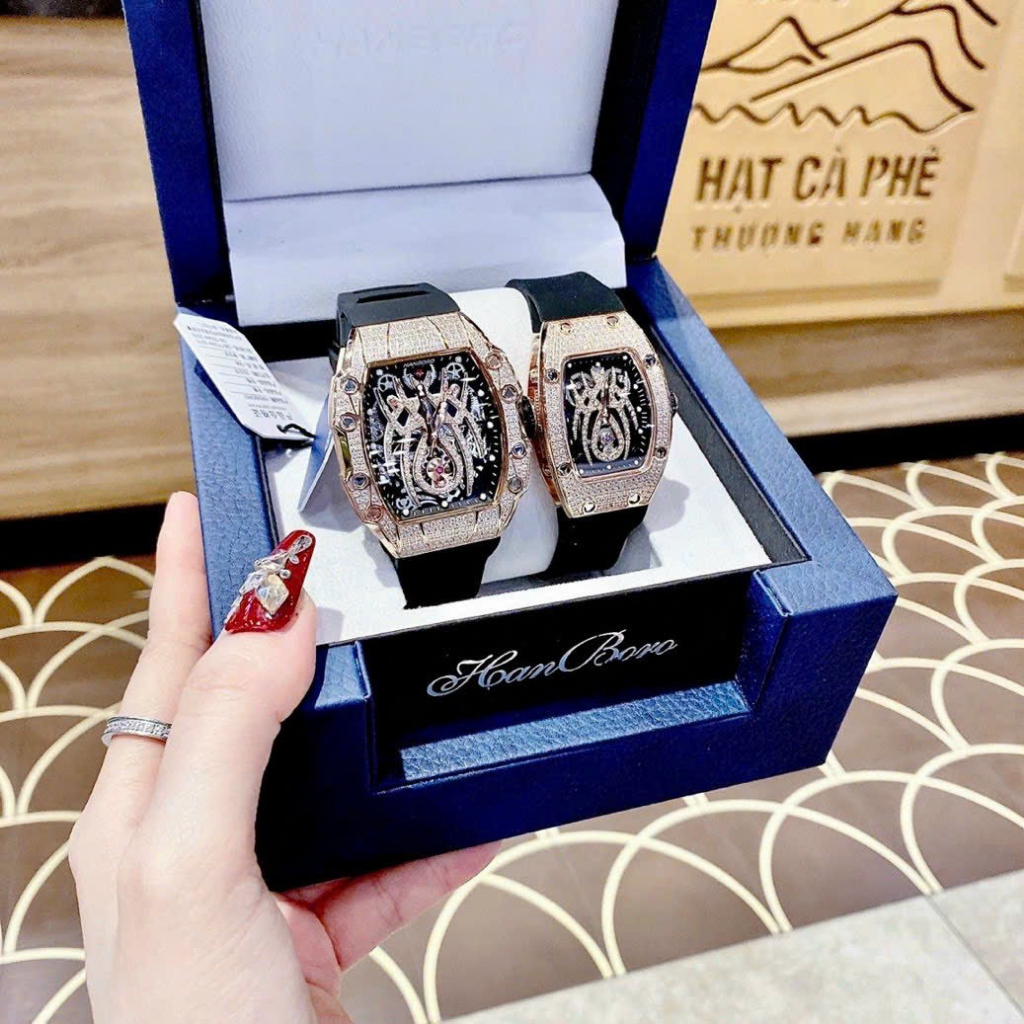 ĐỒNG HỒ CẶP HANBORO G full đá Nhện- Nam 38mm/Nữ 31mm- Thép không gỉ- chống nước- bảo hành 24 tháng