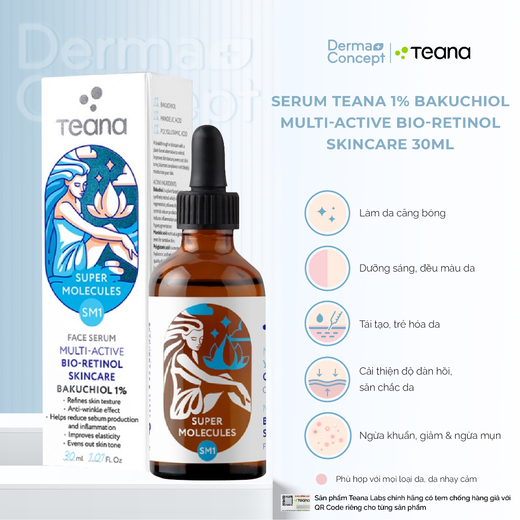 Serum Teana 1% Bakuchiol SM1 Super Molecules Multi-Active Bio-Retinol Skincare dưỡng ẩm, làm sáng và trẻ hóa da - 30ml