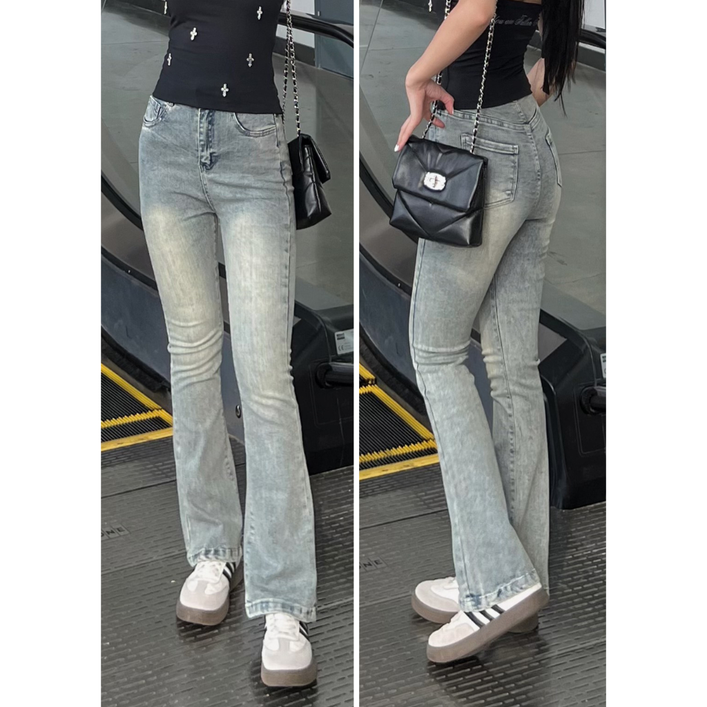 Quần jeans ống loe hàng Quảng Châu loại 1 quần jean loe màu xám khói tôn dáng,tôn eo cạp cao trên rốn phong cách