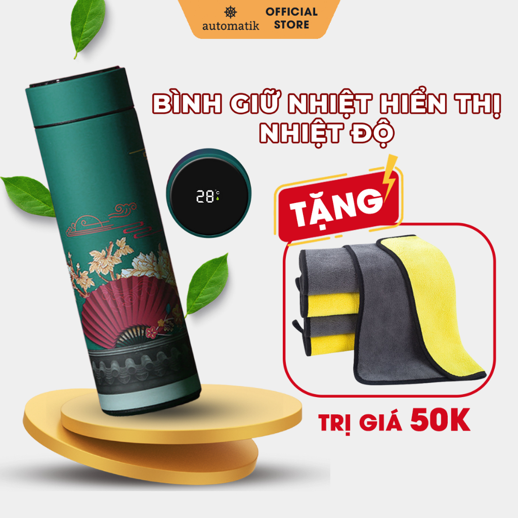 Bình Giữ Nhiệt Hiển Thị Nhiệt Độ Nước Nóng Lạnh Hoa Văn Cổ Trang Cute Mini Inox 304 - Automatik