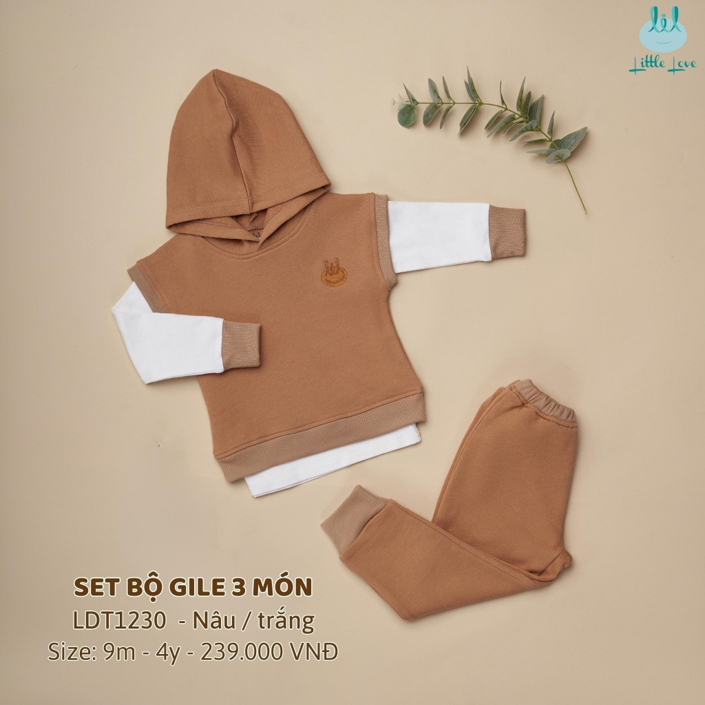 [Mã BMTTC60K giảm đến 60K đơn 50K] SET 3 MÓN quần áo dài tay kèm áo gile hoodie nỉ màu nâu LiL Little Love (LDT123)