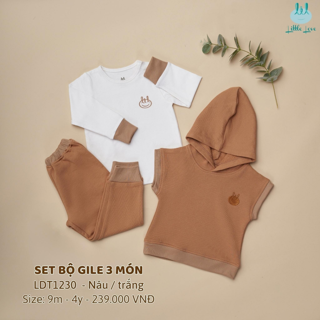 [Mã BMTTC60K giảm đến 60K đơn 50K] SET 3 MÓN quần áo dài tay kèm áo gile hoodie nỉ màu nâu LiL Little Love (LDT123)