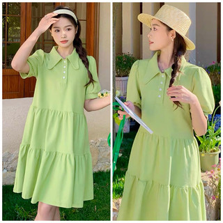 Đầm babydoll cổ sơ mi màu xanh bơ xuongvnxk