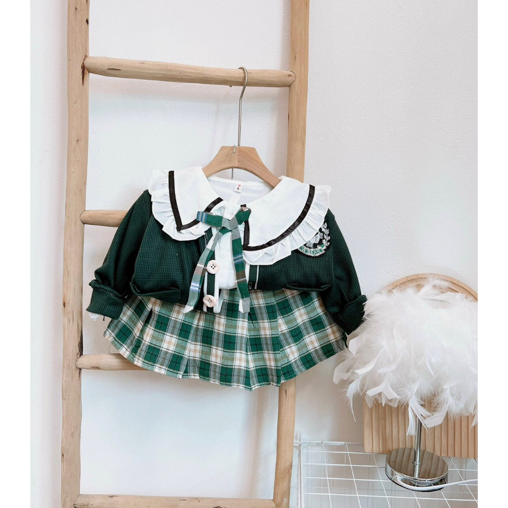 set váy 3 chi tiết, áo sơmi+chân váy+áo cardigan bé gái sz 8-18kg