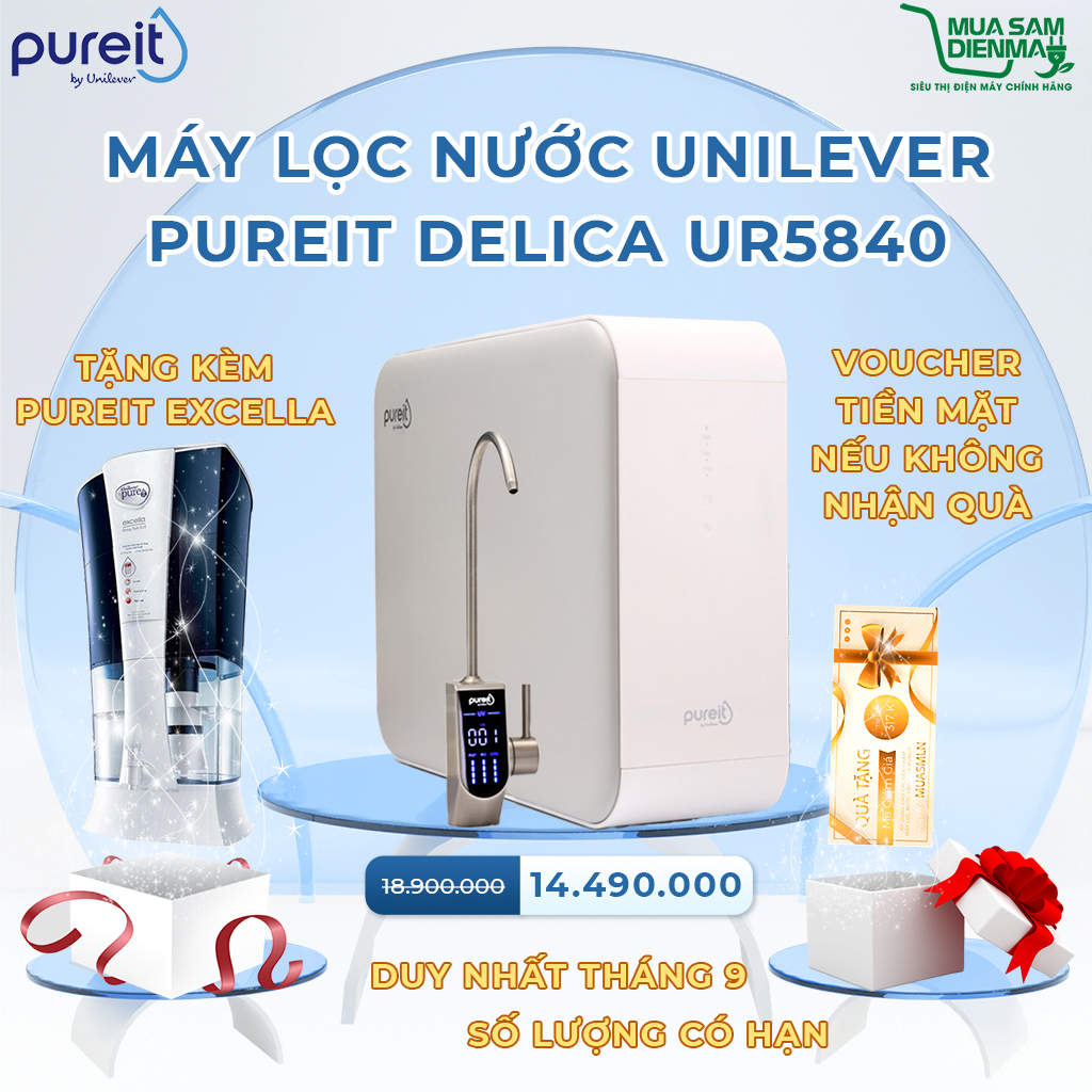 Máy lọc nước uống trực tiếp Unilever Pureit Delica UR5840 - Âm tủ bếp - Công suất lọc 1.5L/ phút - Hàng chính hãng