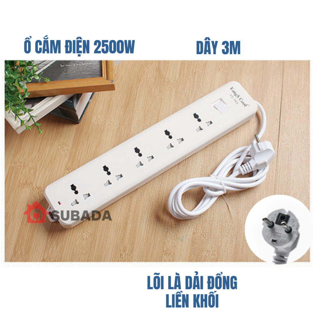 Ổ cắm điện chống giật chống cháy Subada lõi đồng chịu tải 2500w dây 3m chân cắm 2 chấu tròn cao cấp OD30