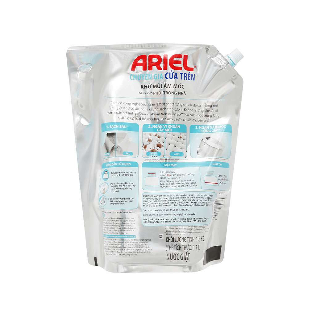 Nước giặt Ariel cửa trên khử mùi ẩm mốc dịu nhẹ 1.8kg