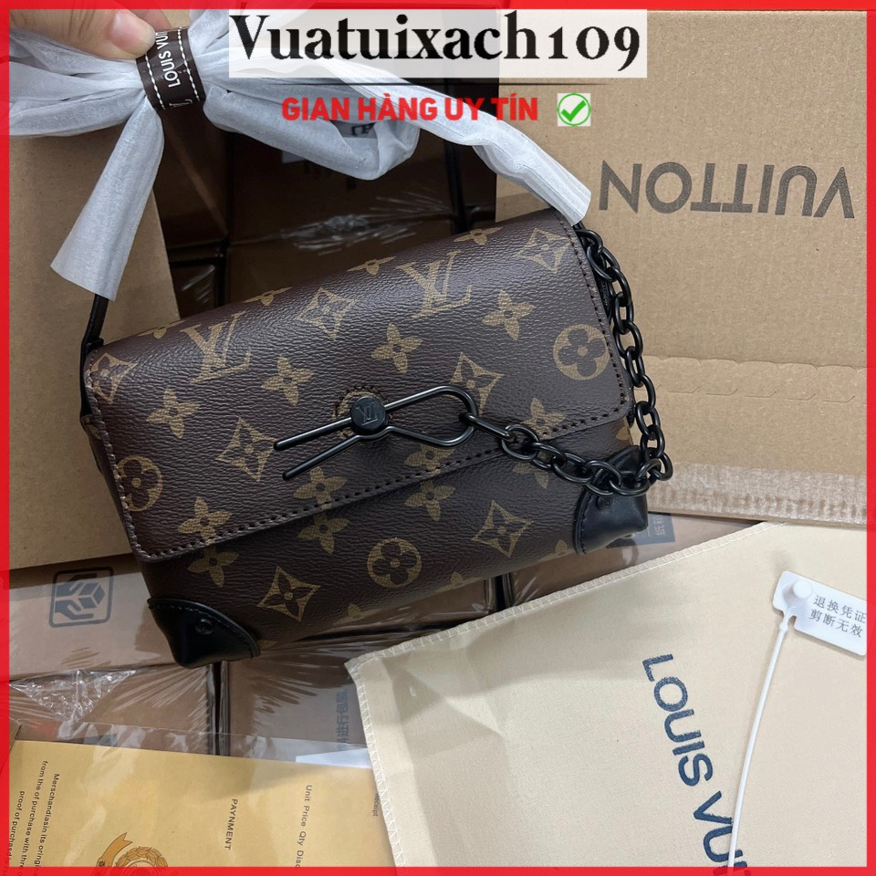 Túi đeo chéo Lvi hoa nâu khóa nơ size 20cm mẫu 2023, túi xách nam nữ dáng hộp phong cách trẻ trung hàng có hộp -vtx