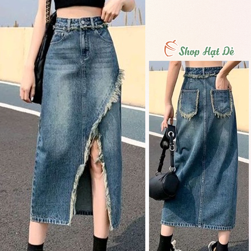 Chân váy jeans nữ dáng dài xẻ cạp siêu cao, chân váy bò tua cạp cao ôm tôn dáng H5 Shop Hạt Dẻ