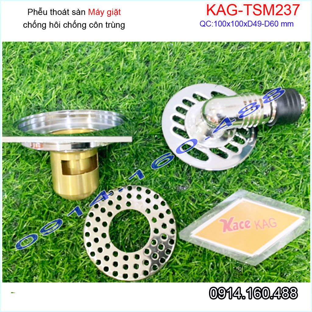 Thoát sàn máy giặt 10x10cm KAG-TSM237 đế đạn chống hôi chảy nhanh , Phễu thoát nước nối máy giặt  ống từ D49-60 inox dày