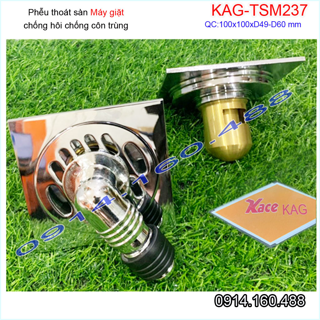 Thoát sàn máy giặt 10x10cm KAG-TSM237 đế đạn chống hôi chảy nhanh , Phễu thoát nước nối máy giặt  ống từ D49-60 inox dày