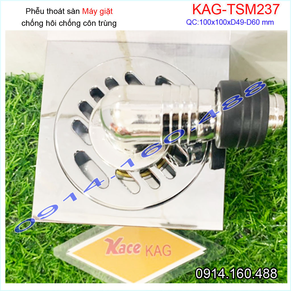 Thoát sàn máy giặt 10x10cm KAG-TSM237 đế đạn chống hôi chảy nhanh , Phễu thoát nước nối máy giặt  ống từ D49-60 inox dày