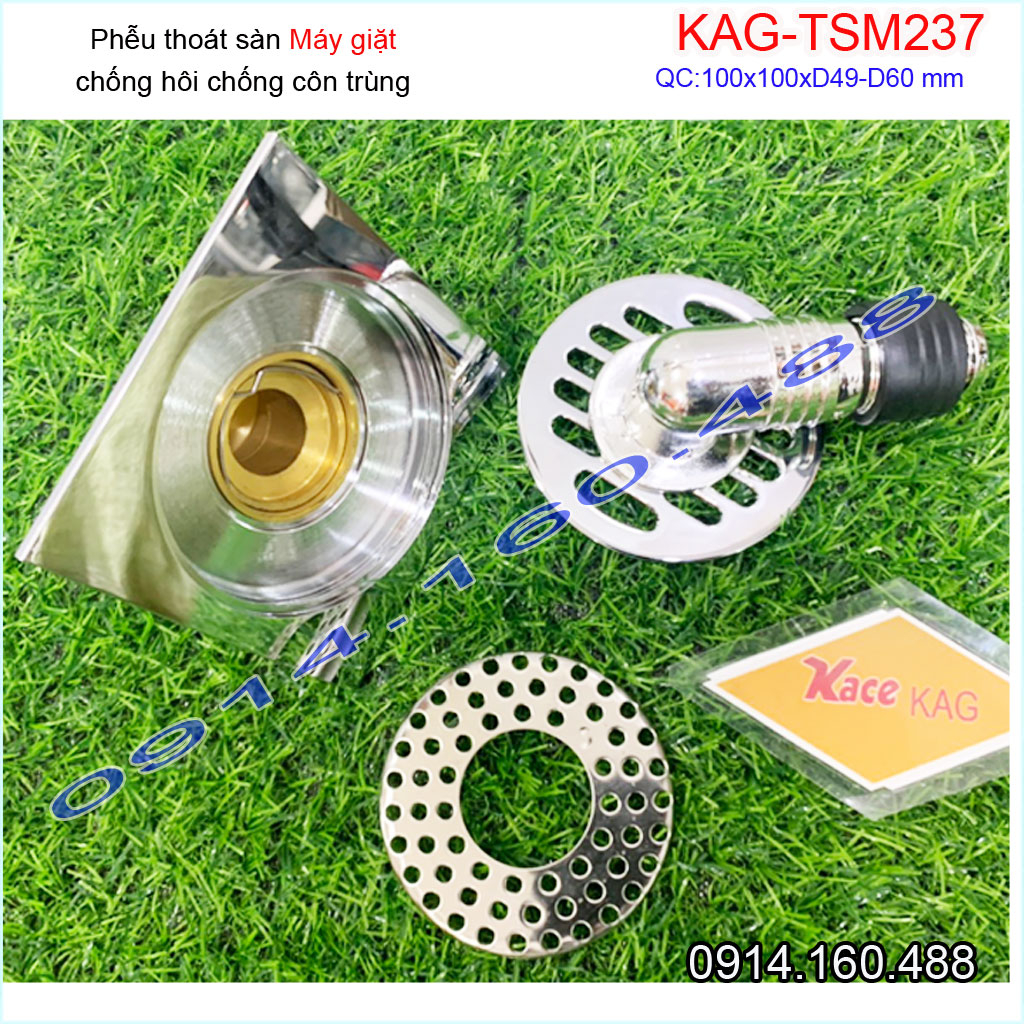 Thoát sàn máy giặt 10x10cm KAG-TSM237 đế đạn chống hôi chảy nhanh , Phễu thoát nước nối máy giặt  ống từ D49-60 inox dày