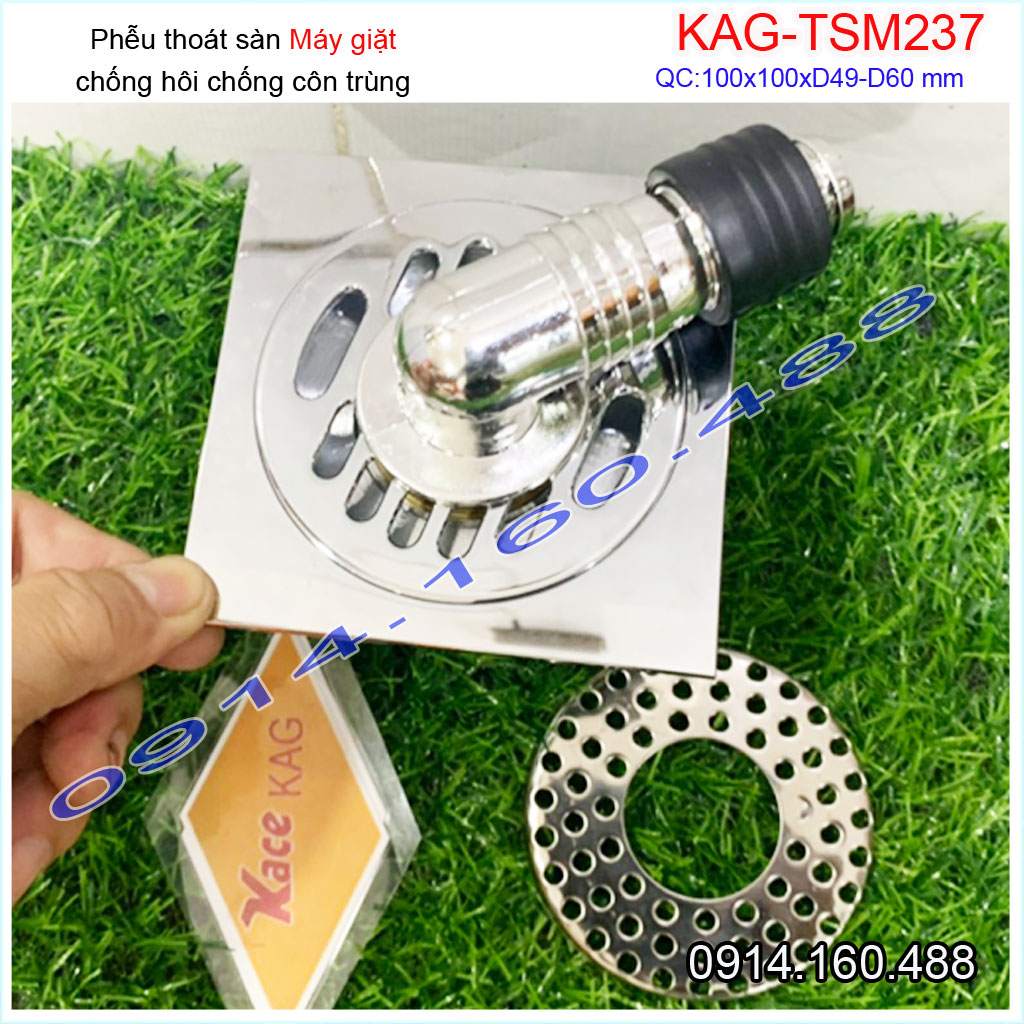 Thoát sàn máy giặt 10x10cm KAG-TSM237 đế đạn chống hôi chảy nhanh , Phễu thoát nước nối máy giặt  ống từ D49-60 inox dày
