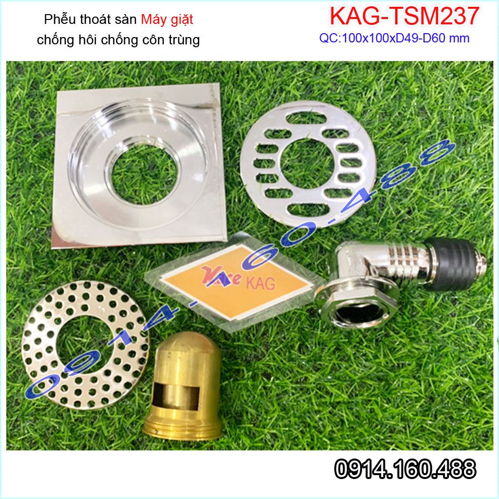 Thoát sàn máy giặt 10x10cm KAG-TSM237 đế đạn chống hôi chảy nhanh , Phễu thoát nước nối máy giặt  ống từ D49-60 inox dày