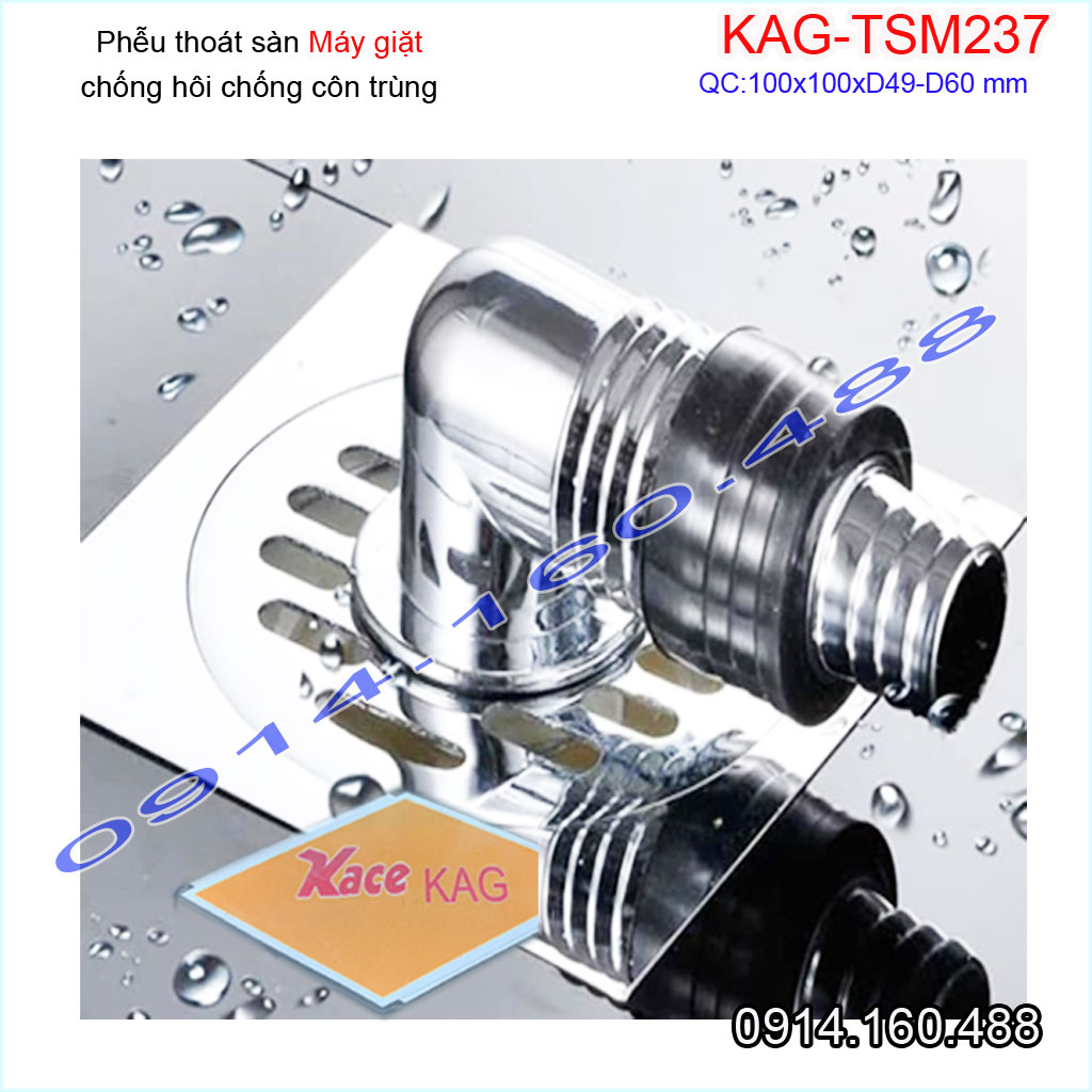 Thoát sàn máy giặt 10x10cm KAG-TSM237 đế đạn chống hôi chảy nhanh , Phễu thoát nước nối máy giặt  ống từ D49-60 inox dày