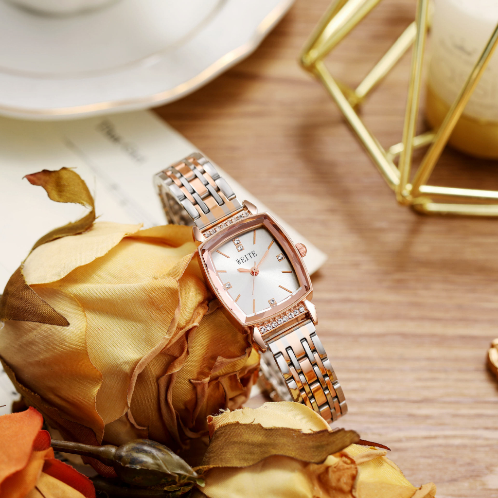 Đồng hồ nữ MEIBO mặt vuông dây kim loại đính đá sang trọng đường kính 24mm