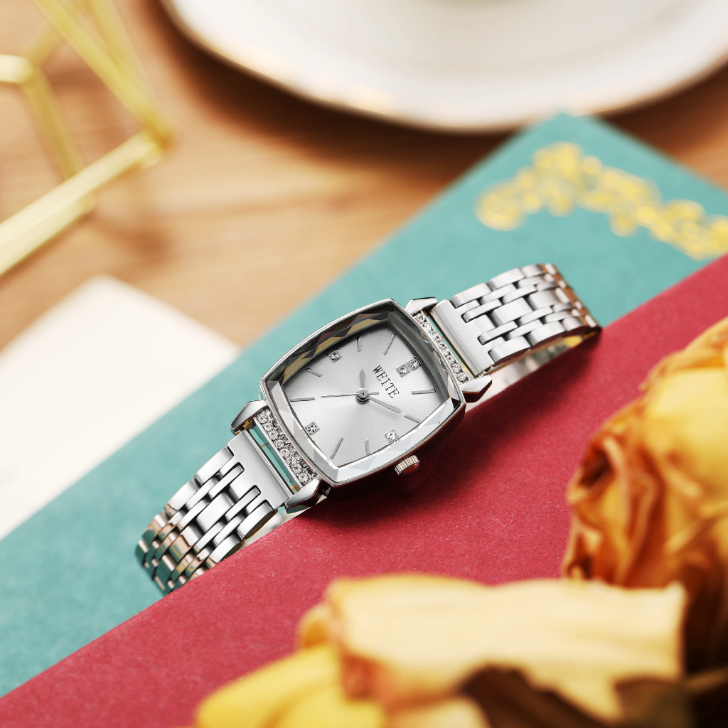 Đồng hồ nữ MEIBO mặt vuông dây kim loại đính đá sang trọng đường kính 24mm