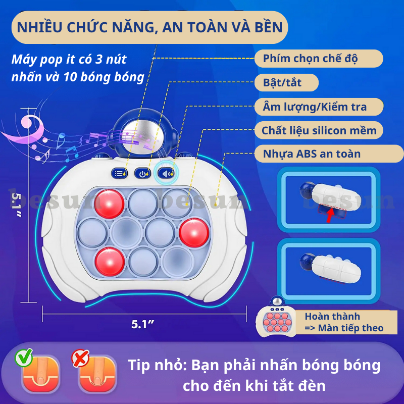 Máy Pop it chơi game BESUN bấm nút có tay cầm vui nhộn cho bé bản Tiếng Anh có nhạc đèn