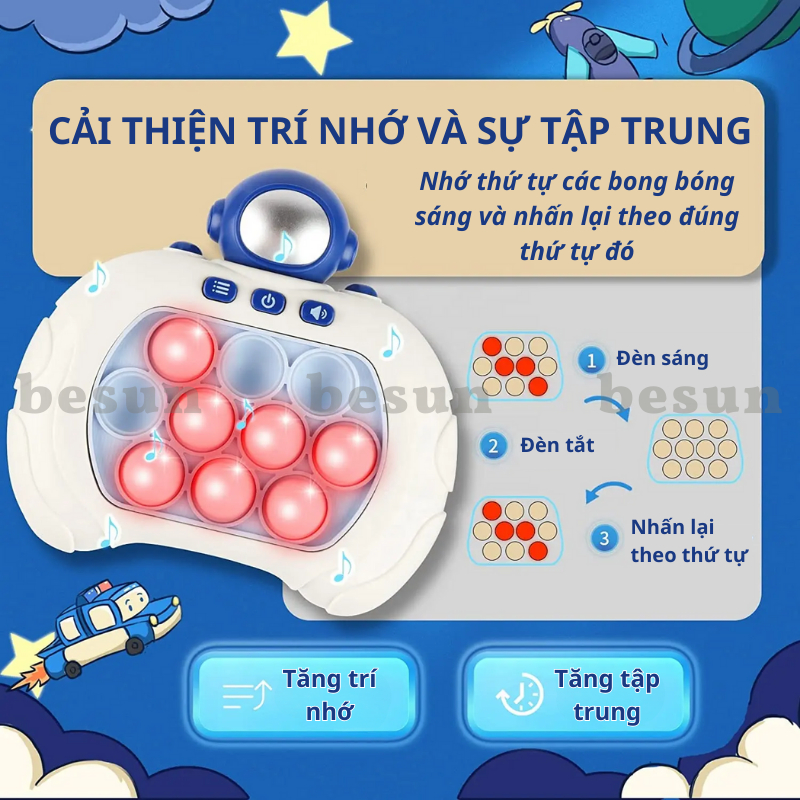 Máy Pop it chơi game BESUN bấm nút có tay cầm vui nhộn cho bé bản Tiếng Anh có nhạc đèn