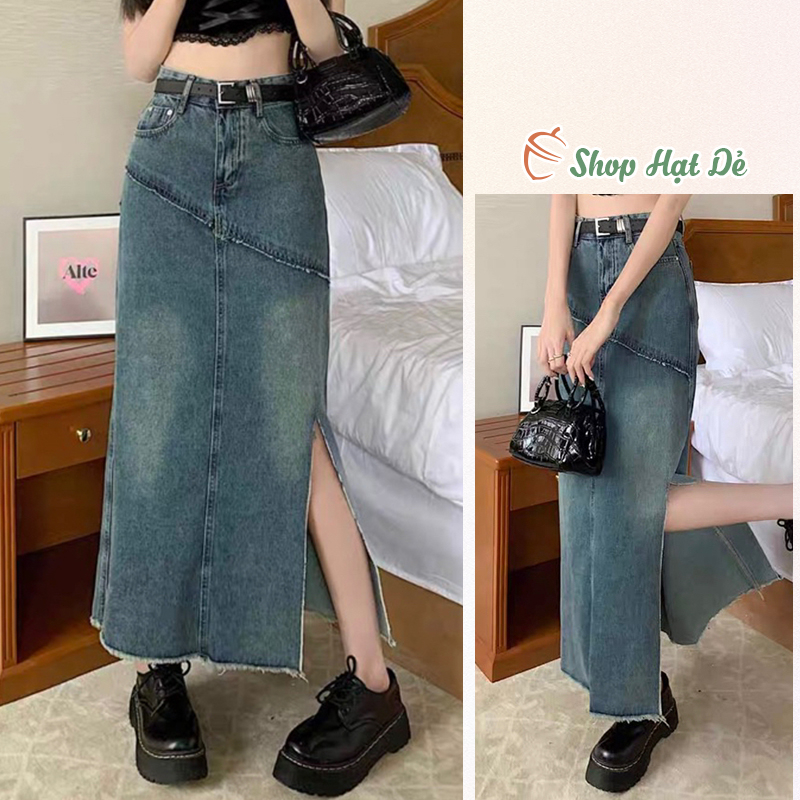 Chân váy jean xẻ dài qua gối lưng cao phong cách Hàn Quốc V4 Shop Hạt Dẻ
