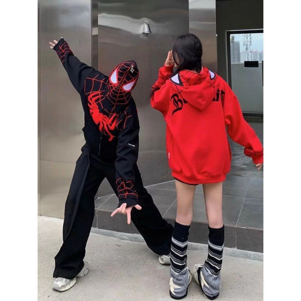 Siêu Hót) Áo khoác hoodie nỉ hoạ tiết nhện mũ kéo khoá hình mặt siêu nhân 3D nổi bật nsm nữ mặc đôi siêu hot tree 2023