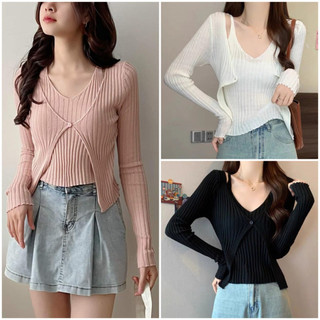 Áo Cardigan Len Kiểu Giả 2 Lớp Dài Tay Cổ V Dáng Ôm, Labibi