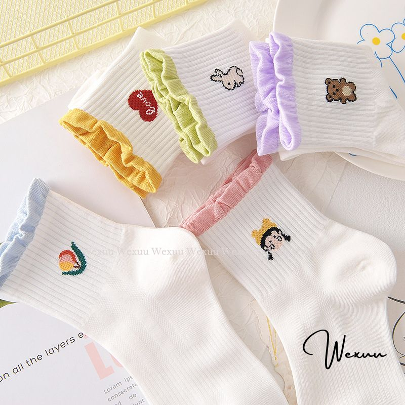 Tất vớ nữ trắng cổ bèo phối màu thêu hình ngộ nghĩnh xinh xắn WEXUU chất liệu cotton  T23