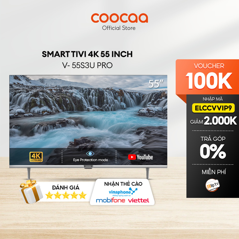 SMART TV 4K COOCAA 55 inch viền mỏng- Youtube - Model 55S3U-Pro - Lắp Đặt Miễn Phí