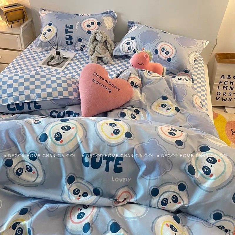 Bộ chăn ga gối Cotton Poly Nhập Khẩu chần bông dày mẫu Gấu Trúc Xanh Decor Home