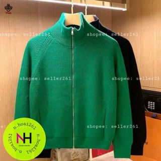 001 Áo khoác len vặn thừng, áo khoác len có nón, khoác len có khóa kéo cổ lọ Túi Hộp màu xanh lá, neon, áo len form rộng