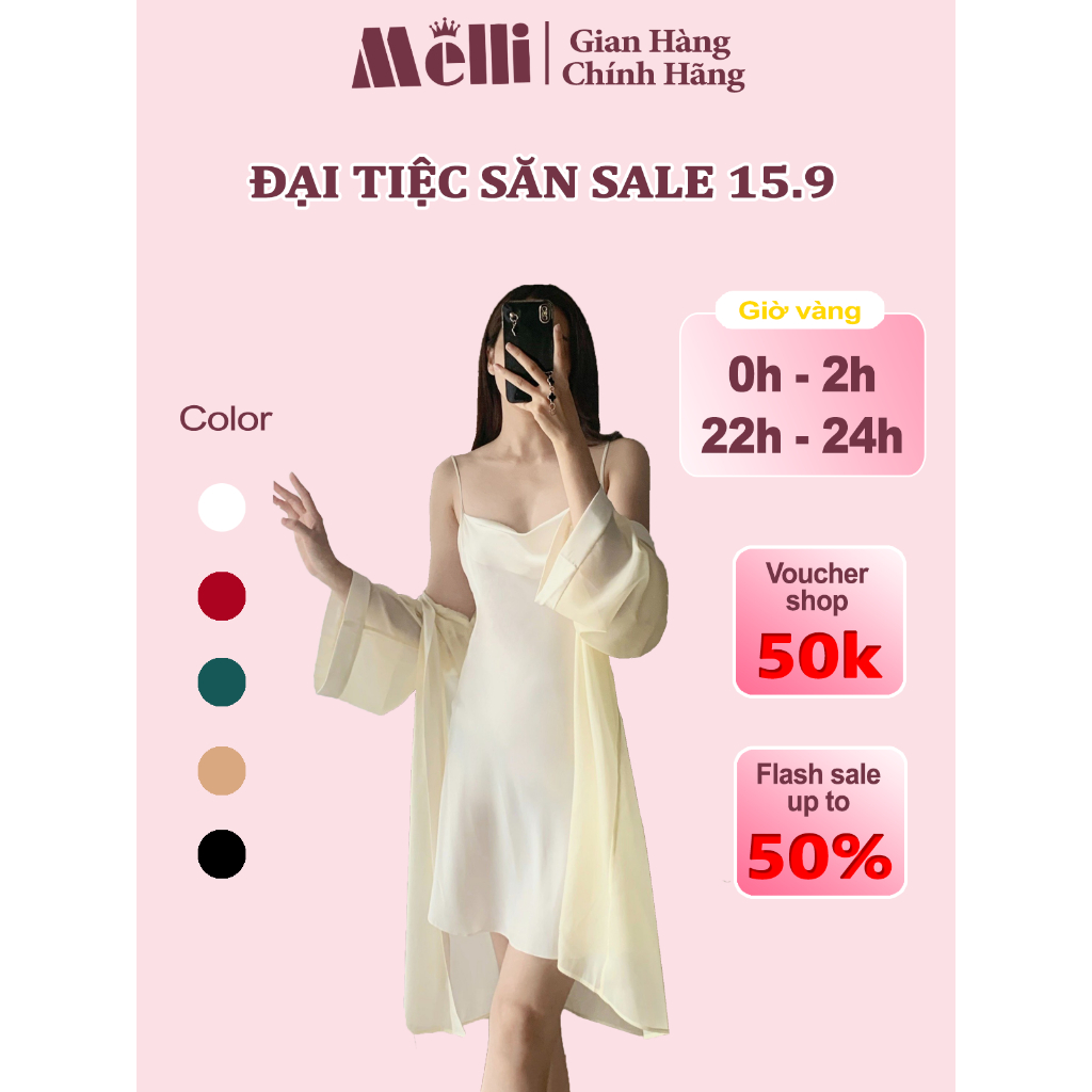 Set Váy Ngủ Nữ Hai Dây Lụa Latin Cổ Đổ Kèm Áo Choàng Lụa Cao Cấp Mềm Mịn, Thoải mái, Quyến Rũ, Sexy Melli Homewear