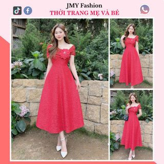V238 Váy đầm đỏ gấm trễ vai xòe dài sang chảnh váy đỏ gấm phối ren bẹt vai dự tiệc