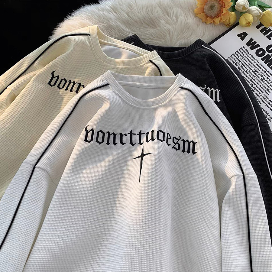 Áo Sweater Nam Nữ Form Rộng Thêu Chữ Thập BONRTTUOESM Áo Thun Dài Tay Chất Cotton Dệt Tổ Ong Unisex Thời Trang Trẻ Trung