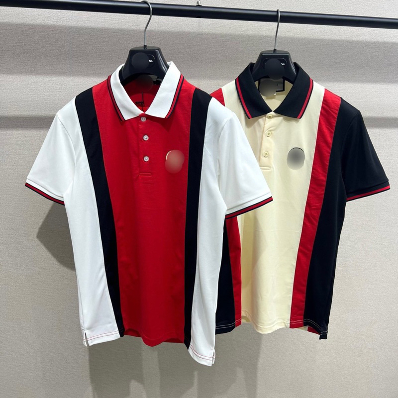 Áo polo nam cổ bẻ phối ghép màu sọc đen trắng đỏ dọc thân dệt logo chữ phong cách boy phố PL44P