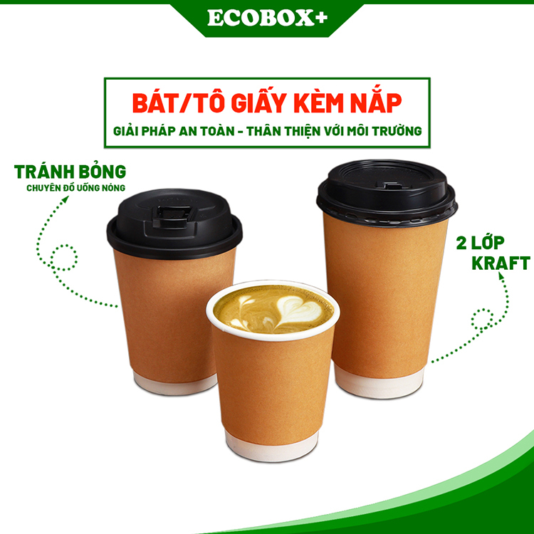 Set 50 Cốc Giấy/Ly Giấy 2 Lớp Dùng 1 Lần Đựng Trà, Coffe Nóng, Đồ Uống Nhà Hàng, Chống Bỏng, Double Wall Kraft