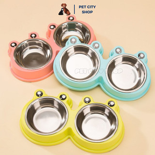 Bát ăn cho mèo, bát ăn cho chó mèo 2 ngăn inox hình ếch | pet city shop