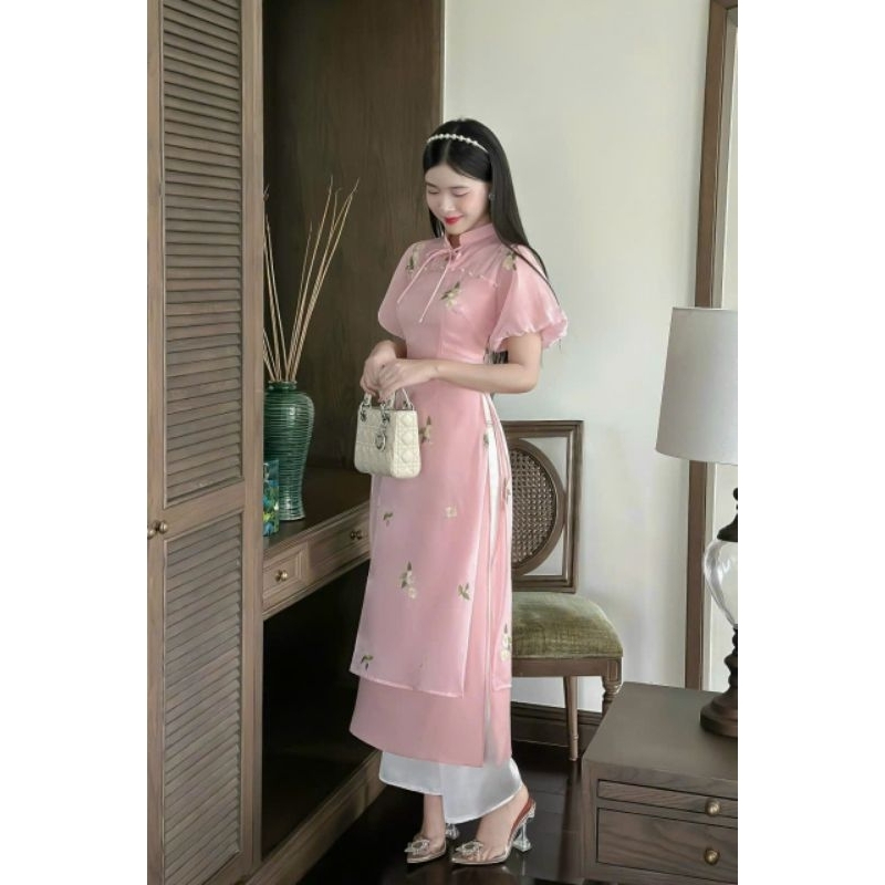 Áo dài nữ 💝FREESHIP💝Áo dài cách tân tơ kim sa thêu hoa tay bồng màu hồng màu đỏ