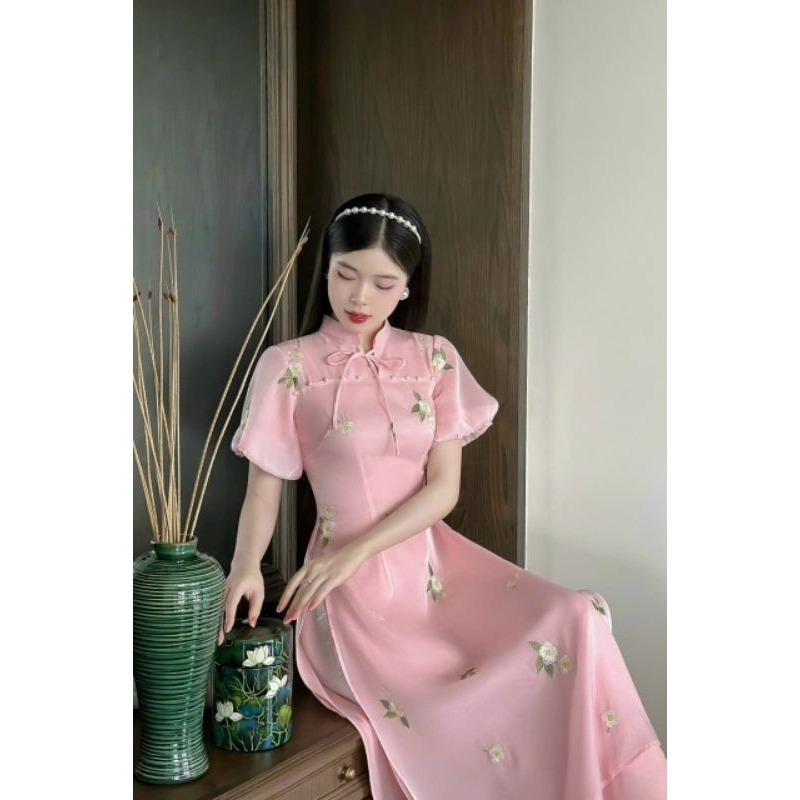 Áo dài nữ 💝FREESHIP💝Áo dài cách tân tơ kim sa thêu hoa tay bồng màu hồng màu đỏ