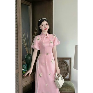 Áo dài nữ 💝FREESHIP💝Áo dài cách tân tơ kim sa thêu hoa tay bồng màu hồng màu đỏ