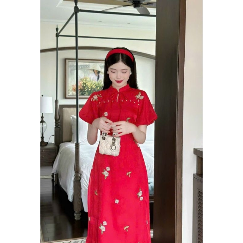 Áo dài nữ 💝FREESHIP💝Áo dài cách tân tơ kim sa thêu hoa tay bồng màu hồng màu đỏ
