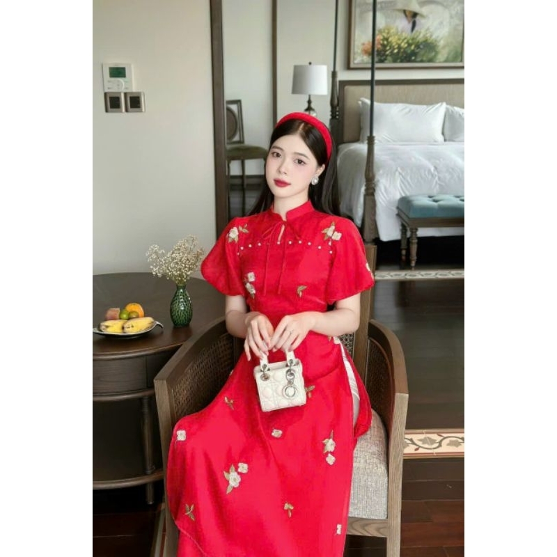 Áo dài nữ 💝FREESHIP💝Áo dài cách tân tơ kim sa thêu hoa tay bồng màu hồng màu đỏ