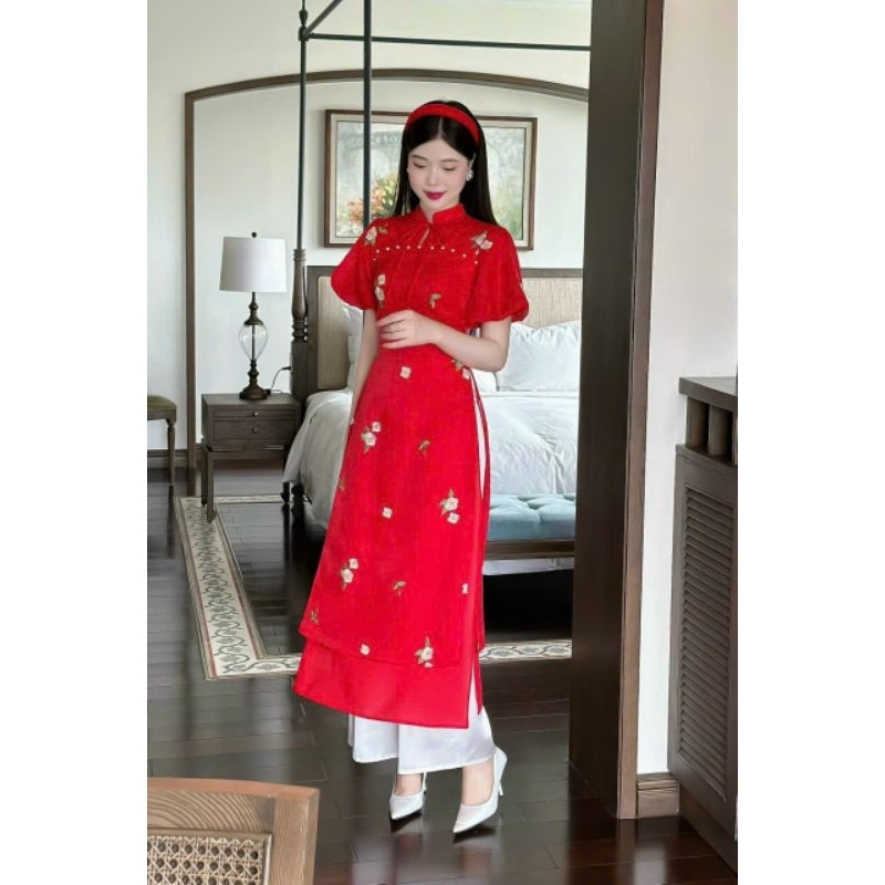 Áo dài nữ 💝FREESHIP💝Áo dài cách tân tơ kim sa thêu hoa tay bồng màu hồng màu đỏ